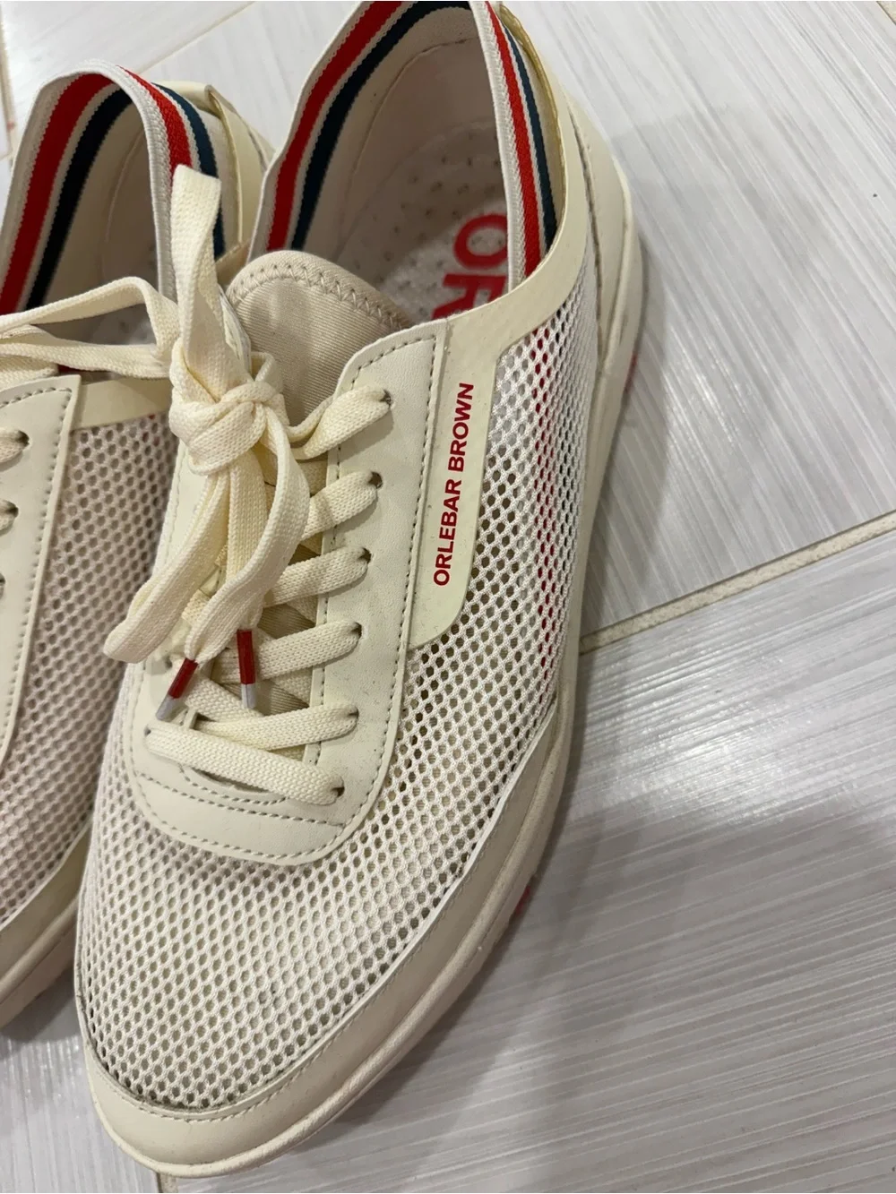 Orlebar Brown Cream Mesh Sneakers with Red Trim